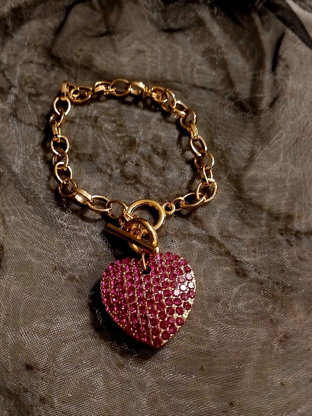 Gold Chain Bracelet with Pink Pave Heart Charm